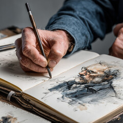 A person sketching in a notebook.