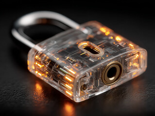 Transparent futuristic padlock with glowing circuitry, cybersecurity data protection and encryption concept