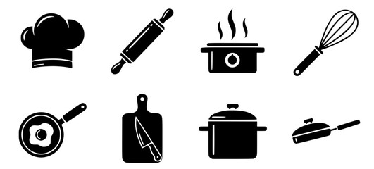 A set of eight black solid silhouette icons representing various kitchen and cooking tools