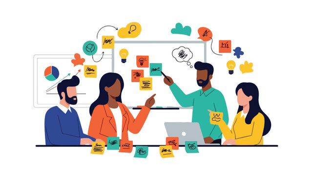 Flat illustration of a diverse team brainstorming with colorful sticky notes and laptop in a modern office setting with a collaborative mood. - Powered by Adobe