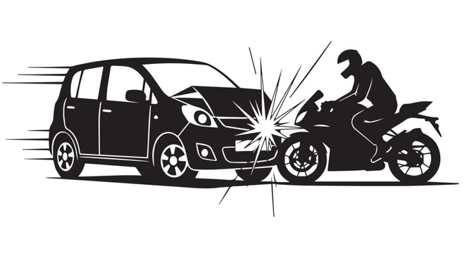 Car and Motorcycle Accident Collision Crash Impact Explosion Vector Illustration Black White