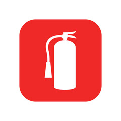 Fire extinguisher sign vector flat design on red round square. Emergency fire safety white silhouette illustration.