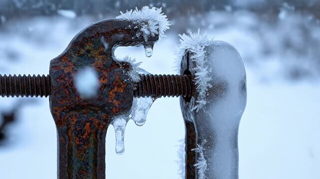 Close-up of a rusty metal bolt and nut covered in ice and snow with a blurred snowy background and icicles forming in a cold winter scene.