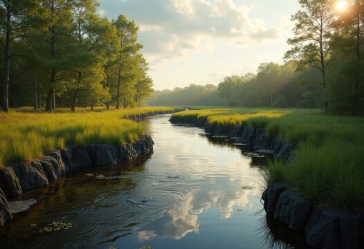 Curved Oxbow Lake Shaped by Meandering River Flowing Through Fertile Angled Valley