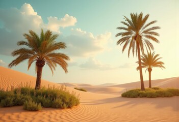 Obraz premium Desert Palm Oasis Serenity Dreamy Tropical Escape Tranquil Areal Inclusion Amidst Golden Sands