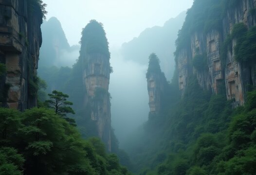 Dramatic Karst Limestone Towers Majestically Rising Amidst Misty Clouds and Vibrant Greenery