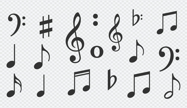 Collection of various black music symbols and notes on transparent background