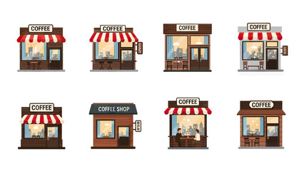 Obraz premium Collection of Pixel Art Coffee Shops with Cozy Interiors and Outdoor Seating