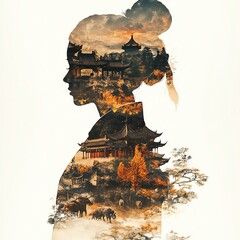 Silhouette of a woman with landscape overlay.
