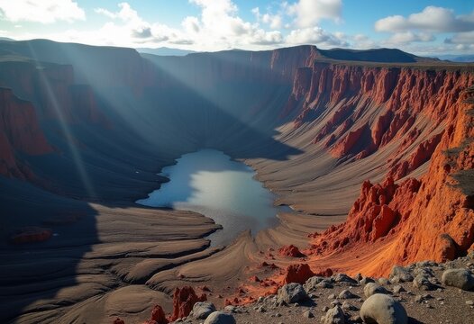 Enormous Volcanic Caldera Surrounded by Jagged Cliffs and Rich Geological Features Poised for Adventure