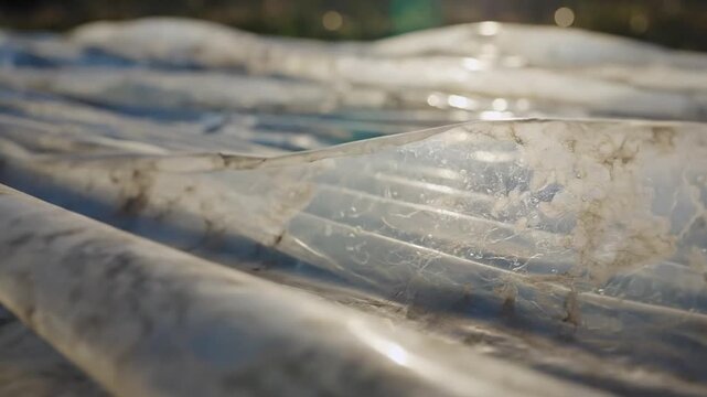 Close-up of a dirty, weathered plastic sheet with creases and wrinkles, conveying a sense of neglect and abandonment in a outdoor setting.