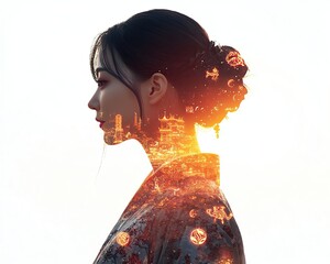 Silhouette of woman with cityscape overlay.