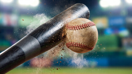 Close-up action shot of a baseball bat striking a ball, with dynamic dust and motion blur effects. The blurred stadium lights provide a dramatic background. Image made using Generative AI.