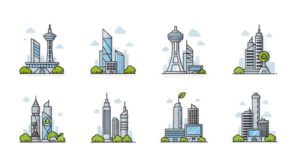 Modern Cityscape Buildings and Towers Vector Icons Set