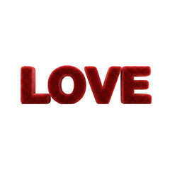 Bold red shag fur LOVE text isolated on transparent background for unique tactile graphic design.