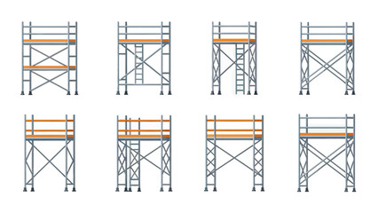 Set of metal scaffolding towers with wooden planks and ladders © Alienmarsh