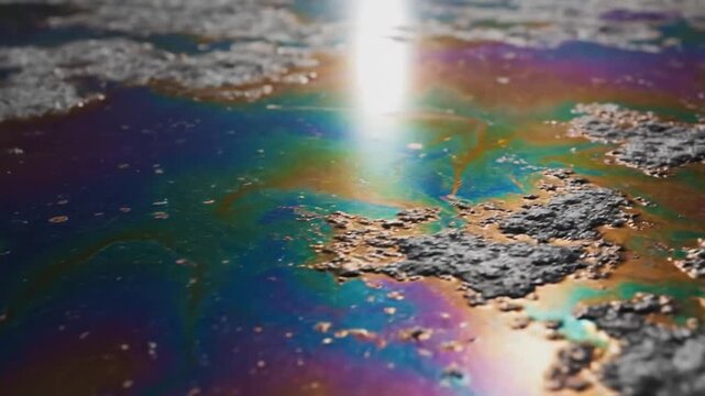 Close-up of a colorful oil slick with a rainbow sheen and bright light reflection on a wet surface with cracks and bubbles.
