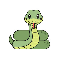 Fototapeta premium A cheerful green cartoon snake coiled on a soft surface, with a playful expression and a tongue flicking out