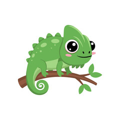 Obraz premium A cheerful green chameleon perched on a branch with leaves, showcasing its vibrant colors