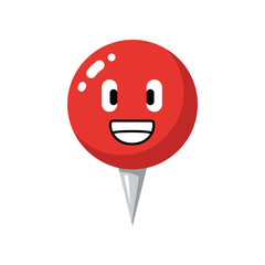 Fototapeta premium A cheerful red location pin character with a smiling face, set against a minimalist white background