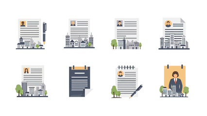 Vector Icons of Documents, Buildings, and Business Professionals
