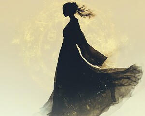 Silhouette of a woman in flowing garments.