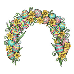 Bright Easter egg archway with swirly green vines and colorful lollipops, isolated subject with background removal.