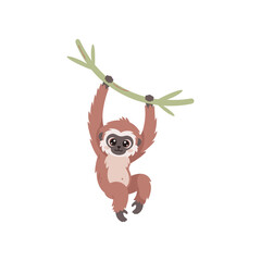 Obraz premium A playful sloth hanging from a branch, surrounded by a vibrant jungle backdrop with foliage