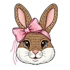 Cute white and brown knitted bunny rabbit face with a pink polka dot bow, isolated subject on transparent background for kids projects