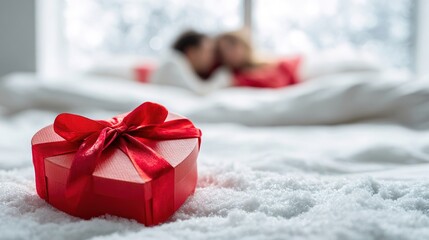 couple, a man and a woman, lying on a white bed in the background in blur, in the foreground is a heart gift box with a red ribbon and bow. Valentine's Day card banner with copy space. indoors hotel.