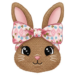 Brown knitted bunny rabbit head with an argyle floral bow, texture-rich animal character PNG with alpha channel for craft-themed designs