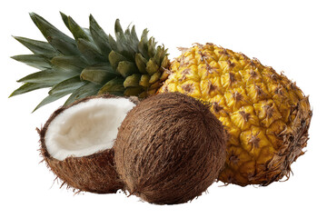 Two pineapples and a halved coconut.  Fresh tropical fruits are arranged together against a black background. 