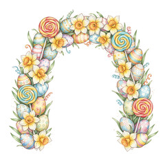 Decorative Easter arch with colorful painted eggs, daffodils, and lollipops, isolated PNG with alpha channel for spring celebrations