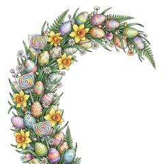 Decorative Easter wreath element with eggs and spring blossoms, clean cut-out for creative card layouts and seasonal branding