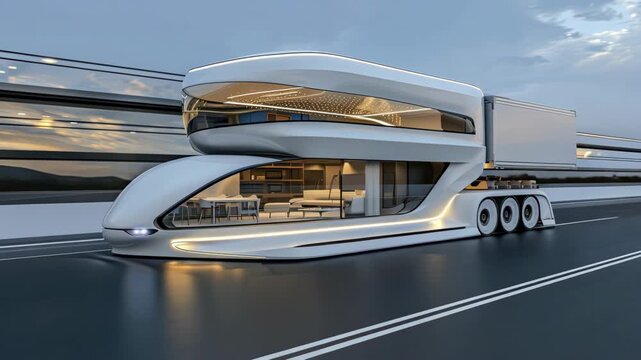 A remarkable truck travels down the highway, highlighting its sleek, futuristic design and advanced features during the evening hours