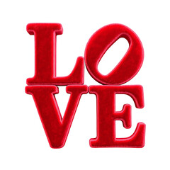 Red Velvet 3D Love Text Stacked Illustration, Isolated Subject for Valentine's Day Design, Romantic Plush Lettering with Cut-out Transparency