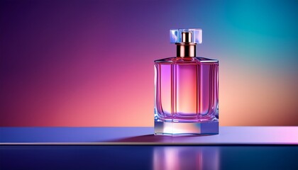 glass fragrance on stand with blurred vibrant gradients beauty ad product display