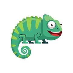 Fototapeta premium Cartoon chameleon with vibrant colors and playful expression on a white background