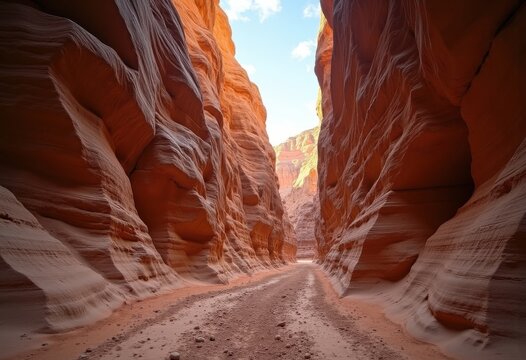 Narrow Ravine Between Steep Slopes Rugged Cliff Walls Daring Architecture Shadows Light Play