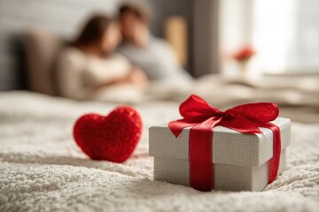 couple, a man and a woman, lying on a white bed in the background in blur, in the foreground is a heart gift box with a red ribbon and bow. Valentine's Day card banner with copy space. indoors hotel.