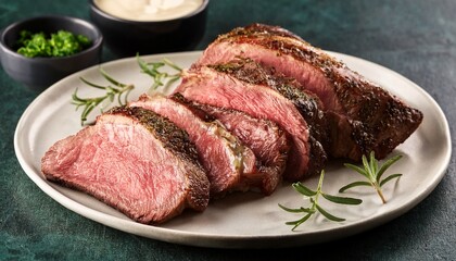 Fototapeta premium juicy slices of prime rib roast served with horseradish sauce garnished with fresh herbs