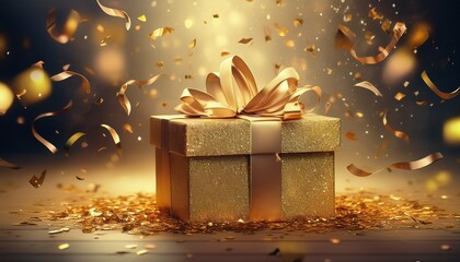 golden gift box with falling confetti in celebration scene