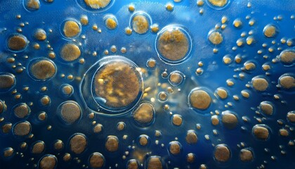 cells multiplying under microscope blue and gold medical or scientific backdrop