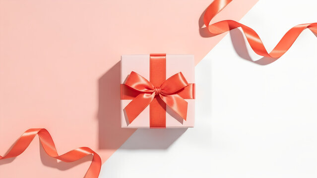 A pink gift box on a pink and white background. Banner template for promoting sales, Valentine's Day, March 8th, and Mother's Day with space for text.