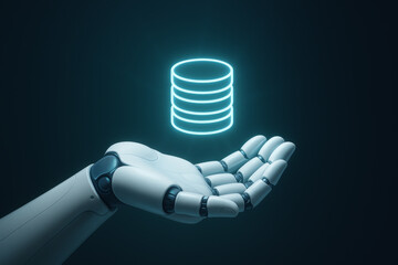 Robotic hand presenting a glowing data stack hologram in a dark digital space. Concept of artificial intelligence stewardship, secure data value, and trusted technology control