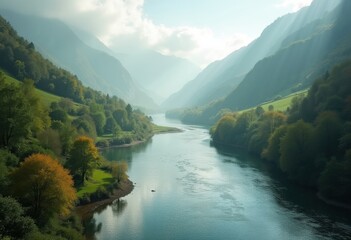 Sweeping Broad Valley Flooded by Reflective River Flow Amid Gentle Slopes and Serenity