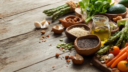 Fototapeta premium Fresh and Healthy Organic Ingredients Displayed on Rustic Wooden Table for Culinary Arts and Wellness Concepts in Natural Light