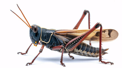 Close-up of a grasshopper with detailed black and brown body