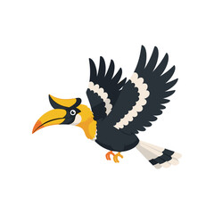 Colorful cartoon hornbill flying through a clear sky, showcasing vibrant feathers and playful design © Sugar