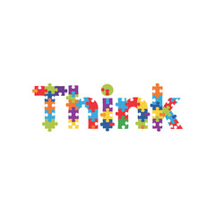 Colorful puzzle pieces forming the word 'Think' on a clean white background, symbolizing creativity